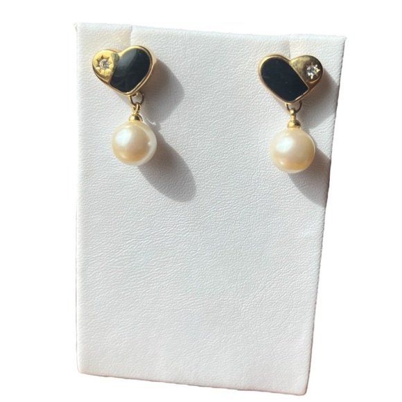 Enameled Black and gold Rhinestone Heart Pearl Drop Post Earrings - Picture 1 of 5
